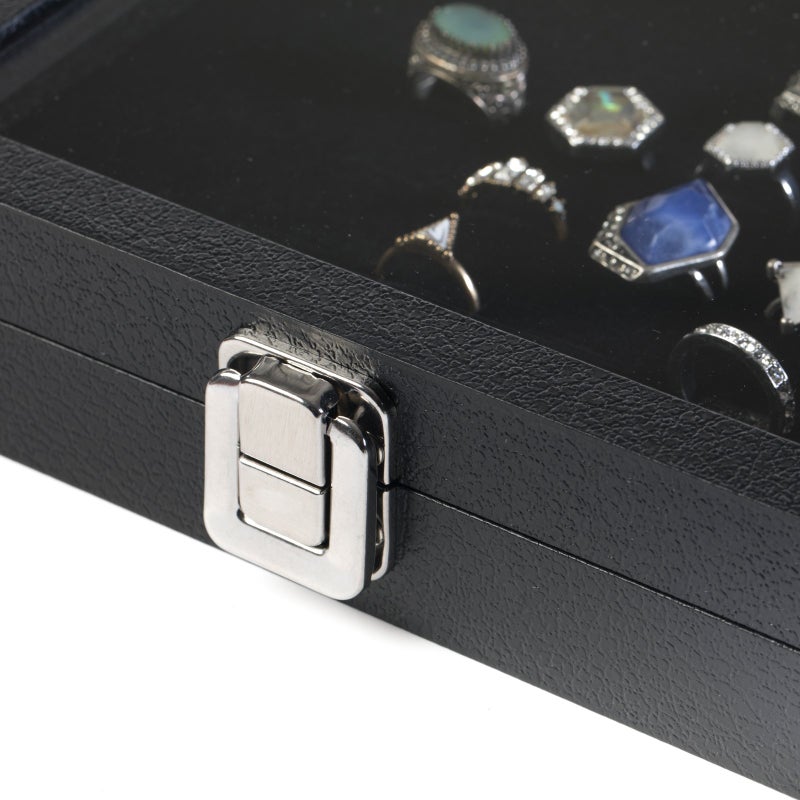 Huji Elegant Glass Top Ring Display Showcase - Velvet Insert Liner - Perfect Jewelry Organizer for Rings and More (36 Slot Case) - Image 5